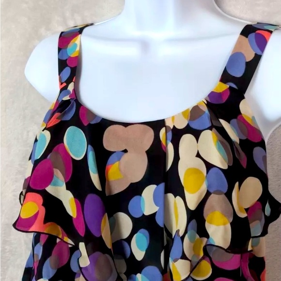 Anthropology Odille 100% Silk Tank Blouse Black Colorful Tiered Ruffles (size 6) - Picture 2 of 10